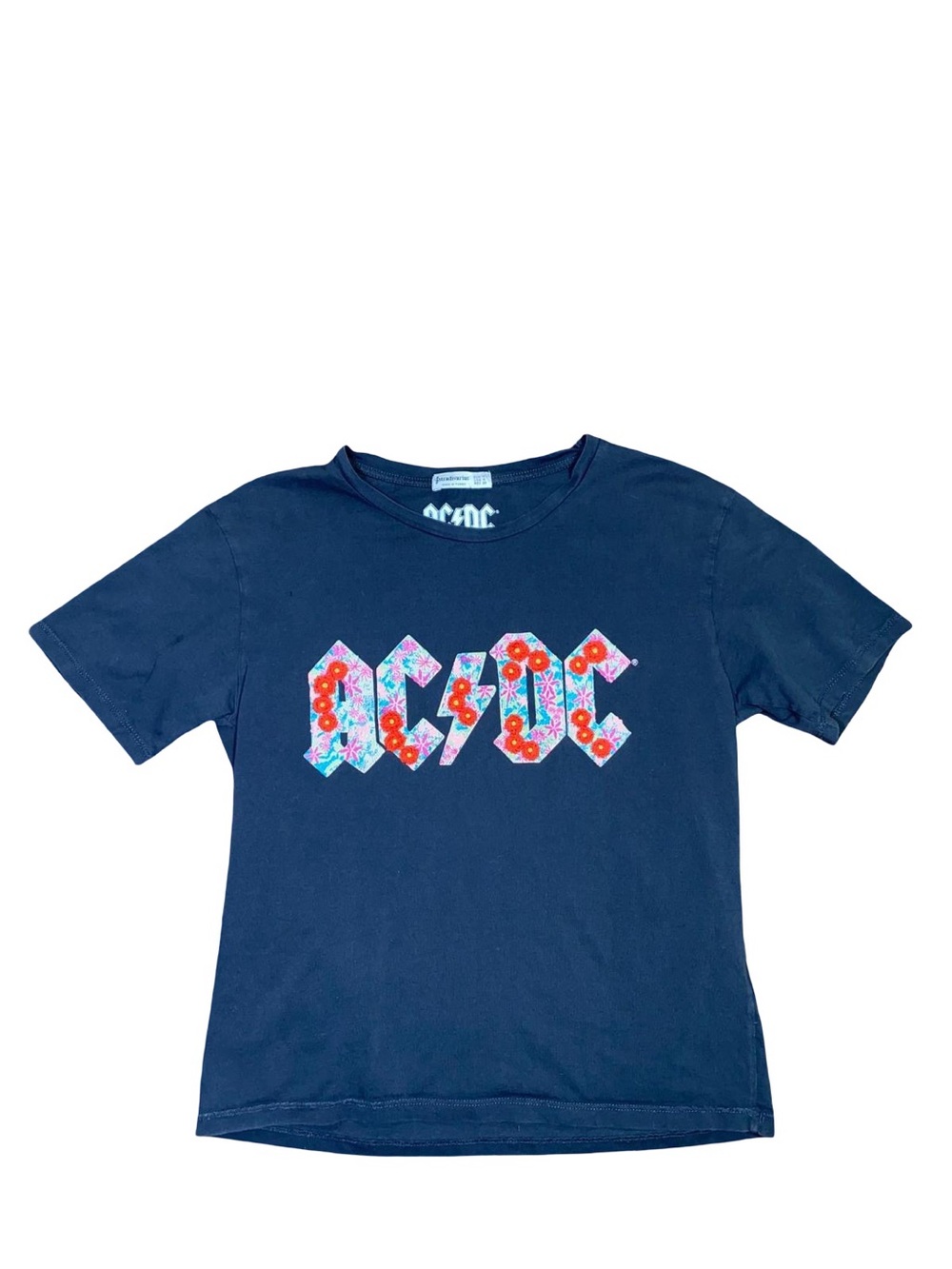 Stradivarius AC/DC Band Graphic T-Shirt Floral Logo Short Sleeve Rock Top
